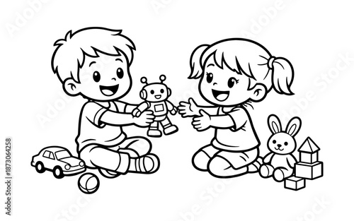 Cute cartoon children sharing toys, a boy gives a robot to a girl