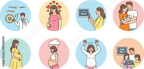 Pregnancy journey and fertility illustration set, conception ultrasound motherhood emotions family bonding, women health cartoon vector design