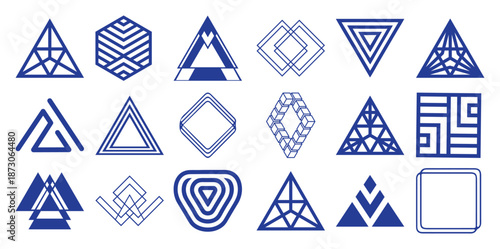 Collection of blue geometric abstract shapes and symbols white