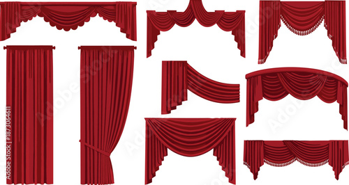Red theater curtain set illustration, stage drapery valance collection, classic opera cinema decor, realistic fabric folds vector design