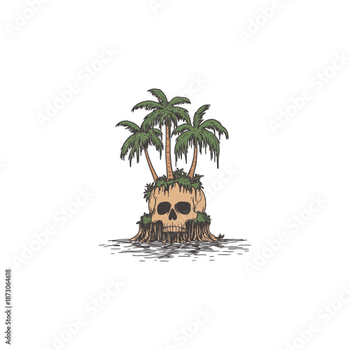 Vintage hand drawn engraving of a human skull buried in beach sand with two palm trees on a tropical island.