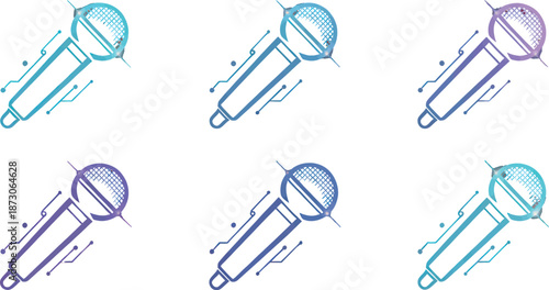 “Futuristic Neon Microphone Icons Set – Digital Podcast, Music Streaming and Voice Recording Technology Illustration”