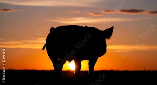 Silhouette of a pig stands against a warm sunset on a farm.