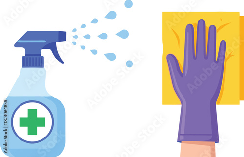 Cleaning supplies illustration featuring disinfectant spray bottle, protective rubber glove, yellow sponge, hygiene concept, household sanitation equipment on white background