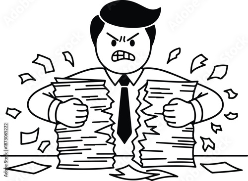 Angry Businessman Ripping Paperwork in Frustration.