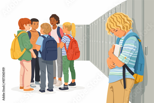 The sadness of a lonely student who is excluded by friends in the school hallway and walks away in sorrow.