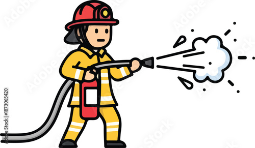 Cartoon Firefighter Extinguishing Fire with Hose and Fire Extinguisher.