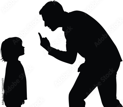 Angry parent scolding child silhouette, family conflict concept, discipline and parenting issue, emotional abuse awareness illustration isolated on white background