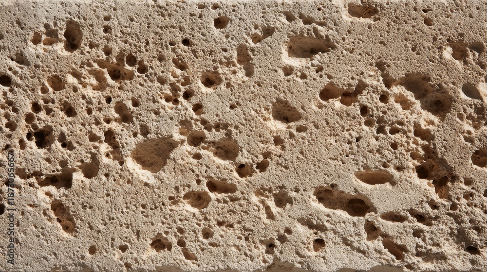 Obraz premium Close-up of porous limestone surface with irregular cavities and mineral textures in beige, brown, gray. Weathered appearance suggests erosion for geological, architectural, and nature projects