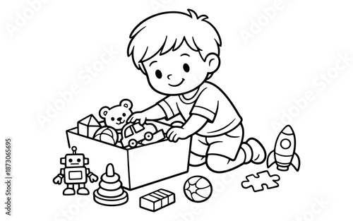 Cute cartoon boy playing with a box full of toys and scattered around him