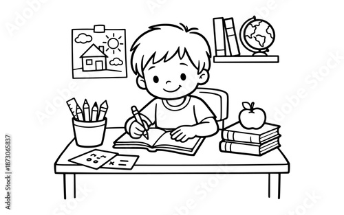 Cute cartoon boy diligently doing homework at his desk with school supplies