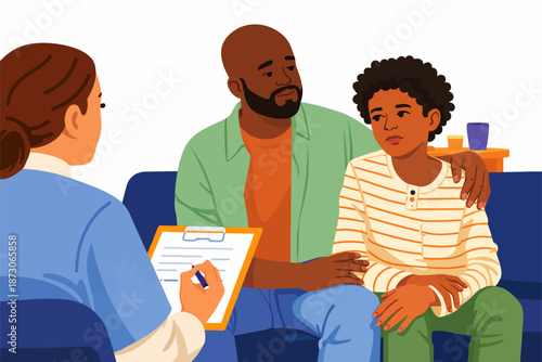 Parents and child trying to solve their problems with expert support.