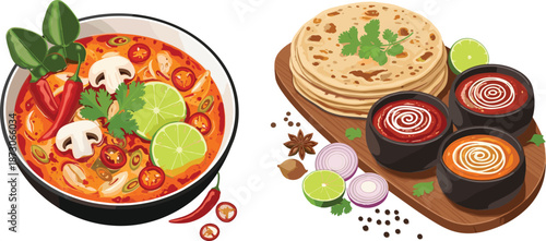 Spicy soup and flatbread set, lime garnish, chili curry, cilantro topping, wooden board, Asian cuisine, vector food illustration
