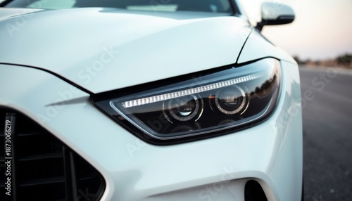 Front view of modern car headlight and grille. Automotive technology and design concept. Contemporary vehicle detail.