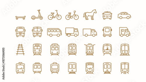 A collection of minimalist icons featuring various transportation modes and related elements