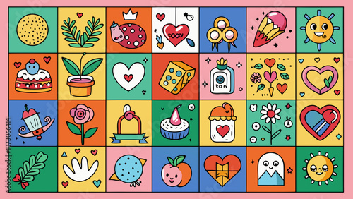 Colorful illustrations of love, nature, and sweet treats Vector