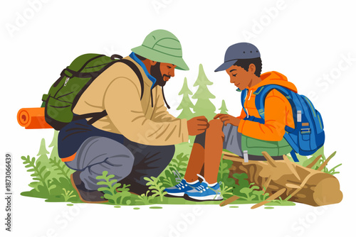 A moment of solidarity from a sensitive adult helping a youth who injured their foot while camping in nature.