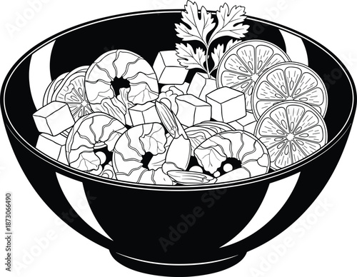 Shrimp bowl illustration, citrus slices, tofu cubes, parsley garnish, seafood dish, black and white vector, stylized food design