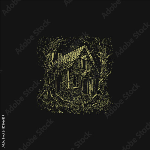 Vintage hand drawn engraving of a mysterious old house hidden deep within a dark, tangled forest on a black background