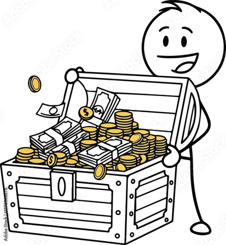Happy Stickman Character with Treasure Chest Full of Money.