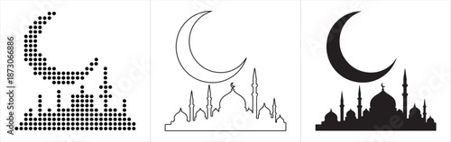 Three mosque and crescent moon icons in dotted, outline, and silhouette styles for Islamic art and Ramadan themes