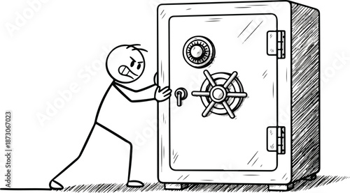 Man Pushing Heavy Safe with Determined Effort.