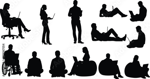 People working on laptop silhouettes set, remote work and freelance lifestyle, office and casual poses, modern technology concept isolated on white background