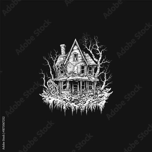Vintage hand drawn engraving of a mysterious old house hidden deep within a dark, tangled forest on a black background