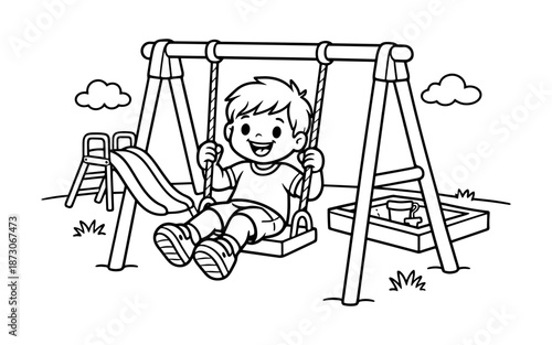Happy cartoon boy swinging on a playground swing set with slide and sandbox