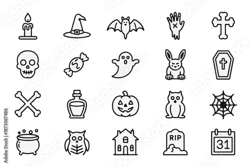 Halloween icons collection in a minimalist line art style