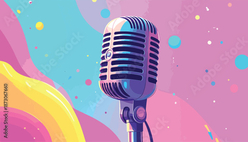 Vintage Microphone Illustration with Colorful Background, Retro Music Icon.