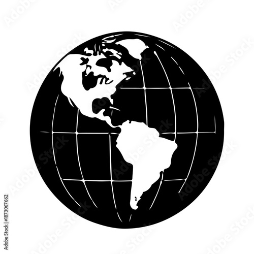 Black vector globe icon showing the world map with continents, representing planet Earth and global geography