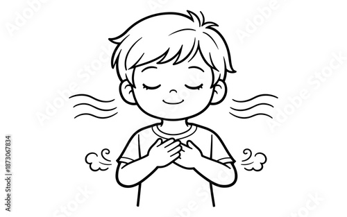 Cartoon boy with eyes closed and hands on chest, breathing deeply and calmly