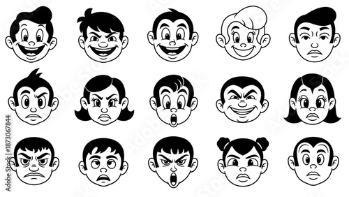 Collection of Diverse Cartoon Faces Expressing Various Emotions and Expressions