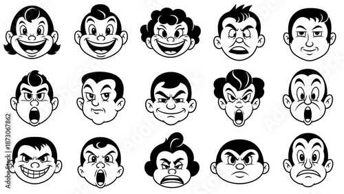 Collection of 15 Diverse Cartoon Faces Expressing Various Emotions in Black and White