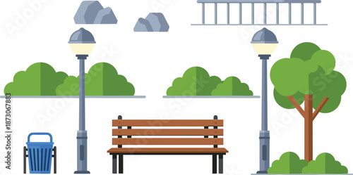 Urban park scene illustration, bench and street lamps, trash bin, tree and bushes, vector public space, minimalist design