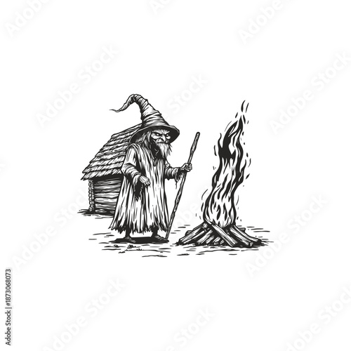 Vintage hand drawn engraving of an old wizard with a pointed hat and staff standing by a campfire near a hut