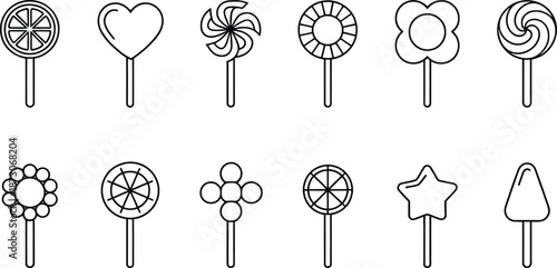Black and white line of various lollipop shapes lollipops candy