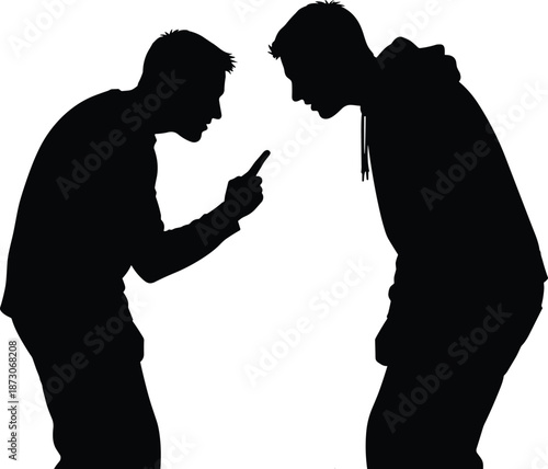 Two men arguing silhouette, confrontation and conflict concept, aggressive behavior, accusation and disagreement scene, human relationship problem isolated on white background