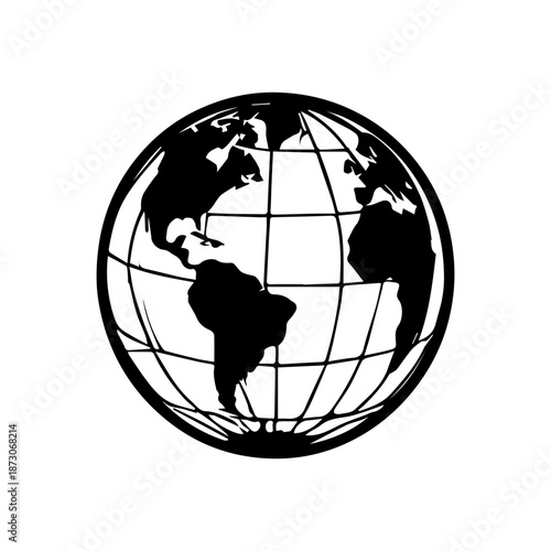 A simple illustration of a globe showing the Earth with continents and oceans on a white background representing global geography and connection