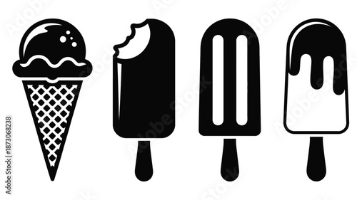 Black and white of ice cream cone and popsicles frozen