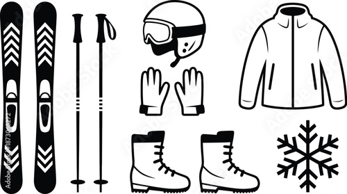 Black and white of skiing equipment and clothing skis poles