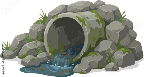 Cartoon Mossy Culvert Pipe Discharging Dirty Water Over Rocks, Drainage Sewer Illustration