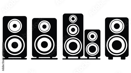 Black and white of speakers with different configurations audio equipment