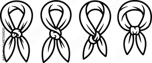Black and white of tied ribbons with varying knot styles knots