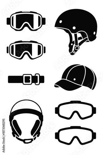Black and white of various head protection gear helmet goggles
