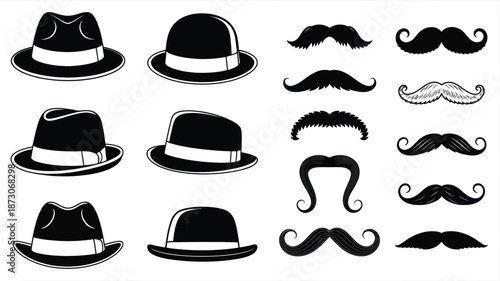 Black and white of various hats and mustaches bowler