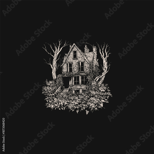 Vintage hand drawn engraving of a mysterious old house hidden deep within a dark, tangled forest on a black background