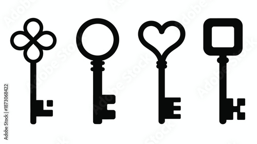 Black keys with different shaped heads white shapes flower