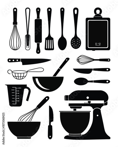 Black kitchen utensils and appliances white